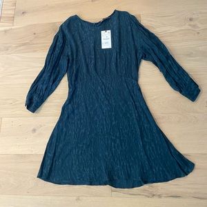 NWT Zara Leopard Navy Silk Skater Long Sleeve Dress